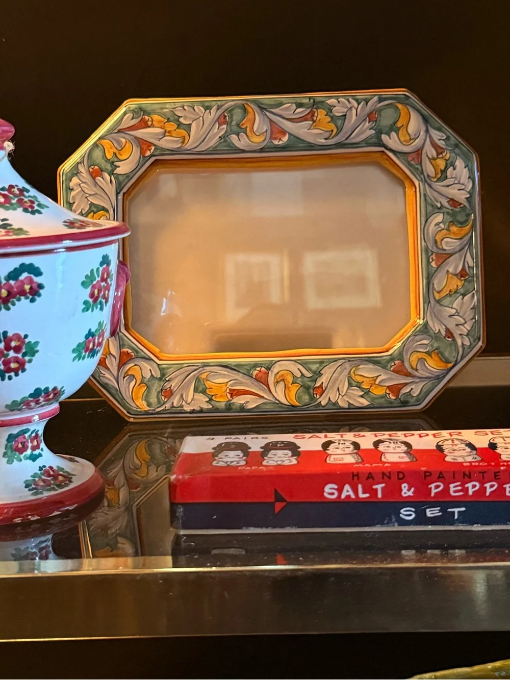 Italian Decorative Hand-Painted Floral Picture Frame in Yellow and Green